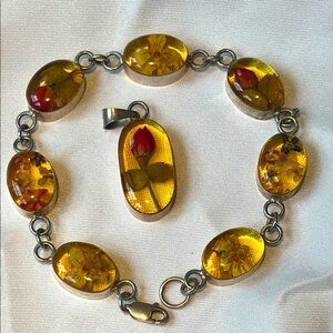 Vintage Sterling Silver 925 Preserved Dry Flowers In Lucite Link Bracelet